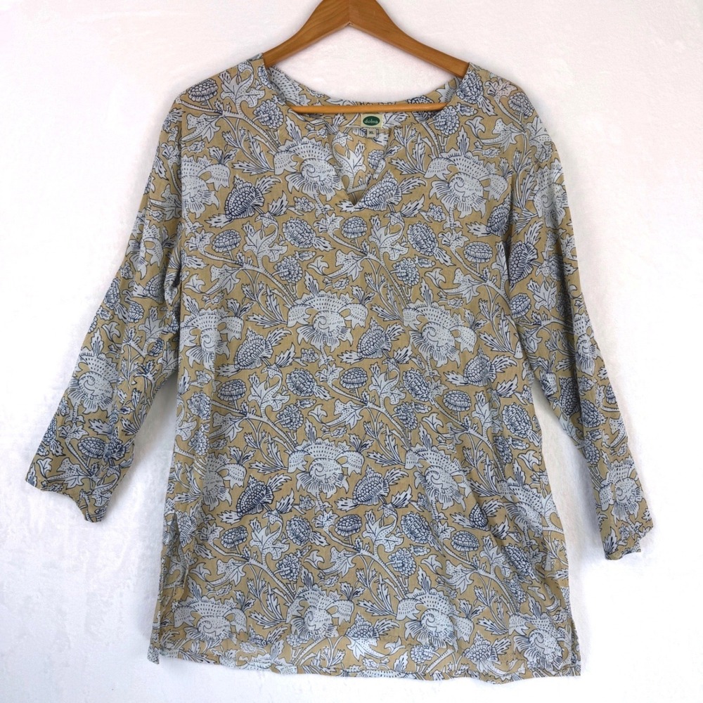 Dolma Floral Tunic Top XL Tan Blue 3/4 Sleeve V-Neck Boho Botanical‎ Print